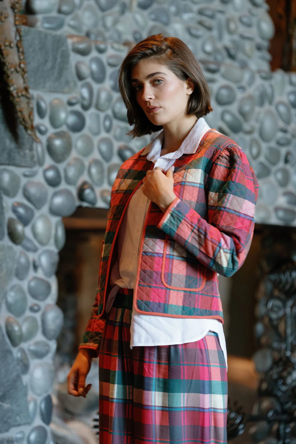Charlotte Quilted Jacket in Checker Pink