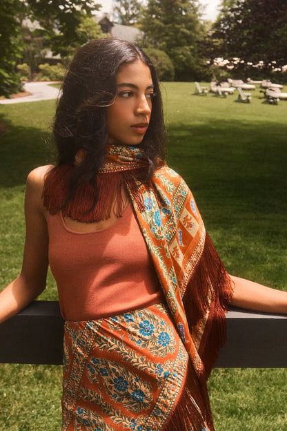 Oversized Scarf with Fringe in Amber Glen Brown - ONE SIZE