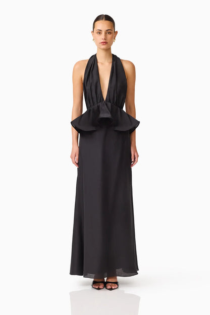 Fiorina Halter Neck Peplum Gown in Black