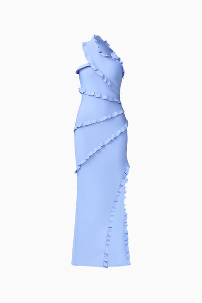 Floriana Asymmetric Neck Gown in Cornflower Blue