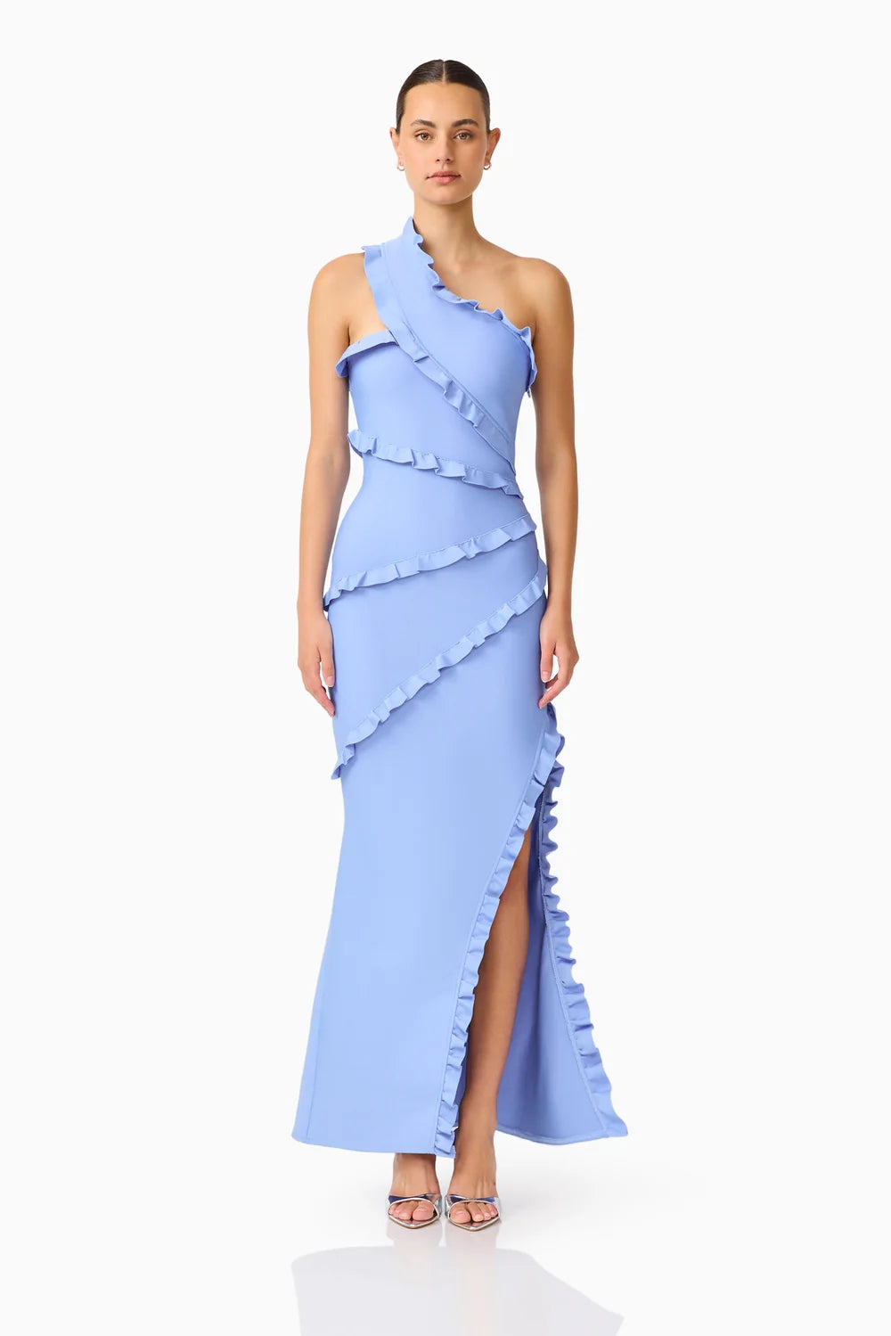 Floriana Asymmetric Neck Gown in Cornflower Blue