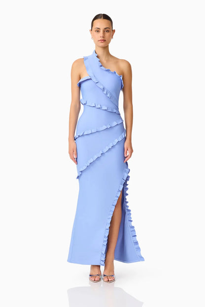 Floriana Asymmetric Neck Gown in Cornflower Blue