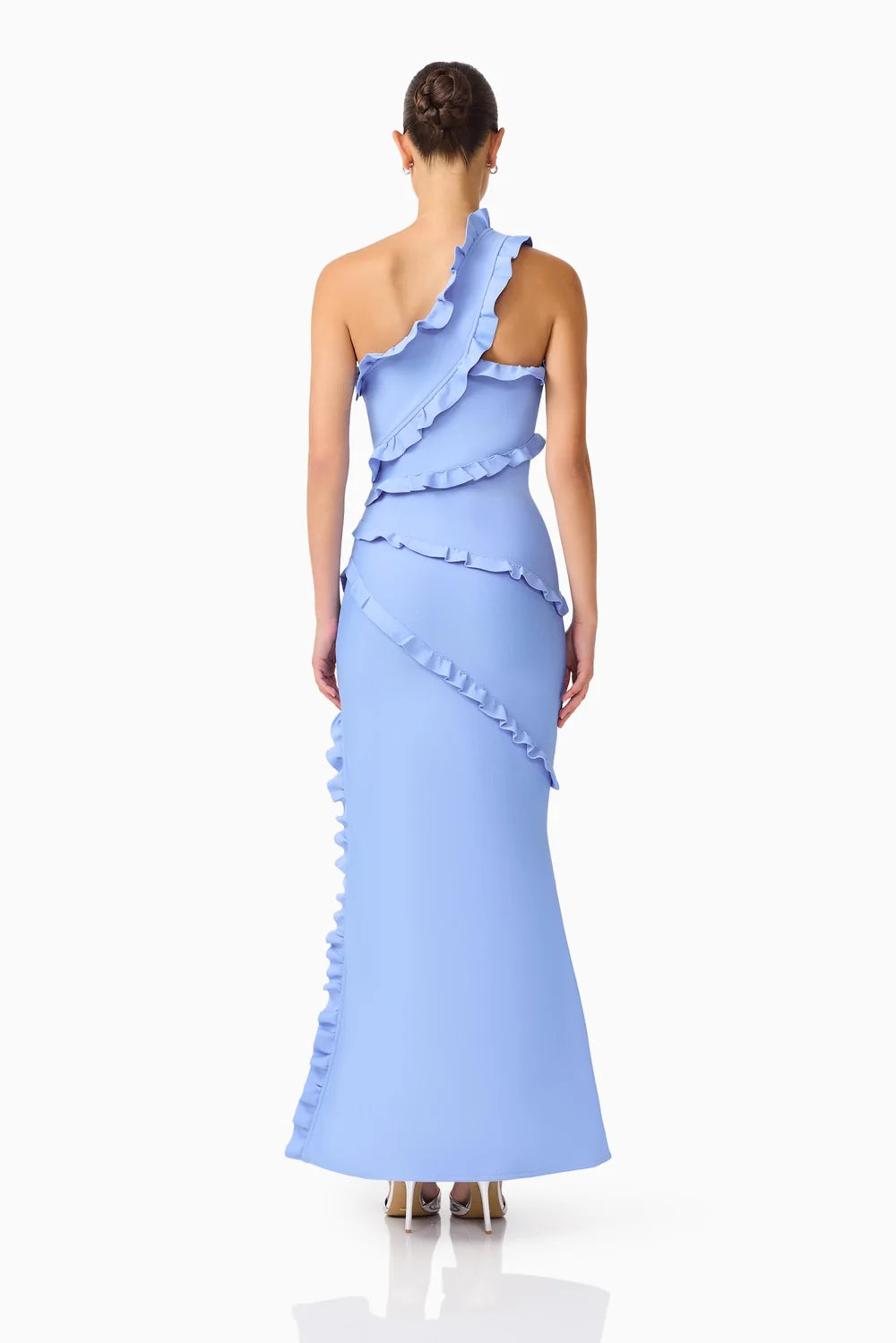 Floriana Asymmetric Neck Gown in Cornflower Blue