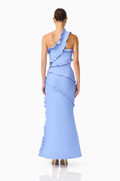 Floriana Asymmetric Neck Gown in Cornflower Blue