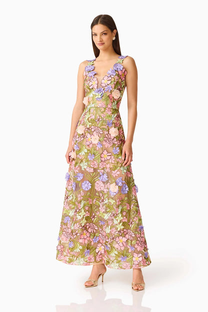 Fiora A Line Gown in Green Multi