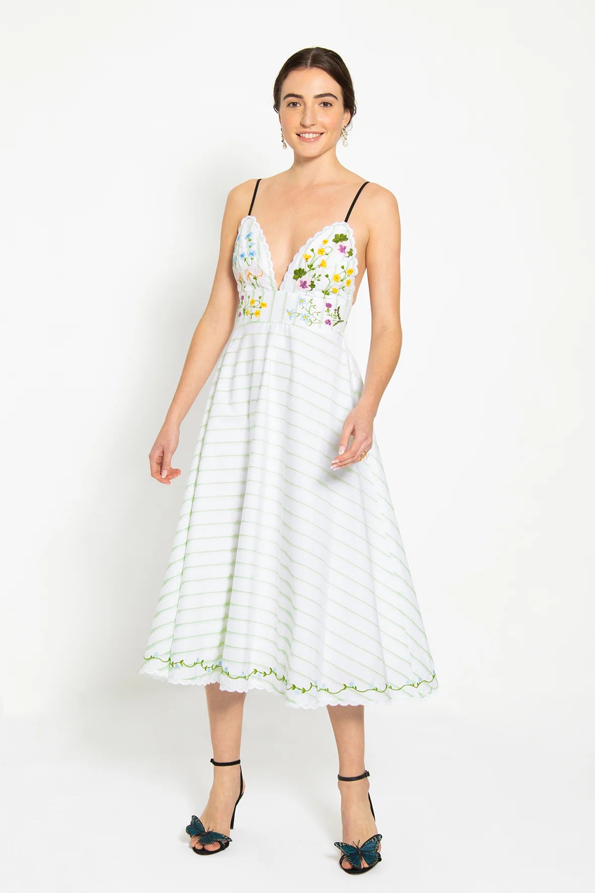Nur Dress in White - Green Stripe