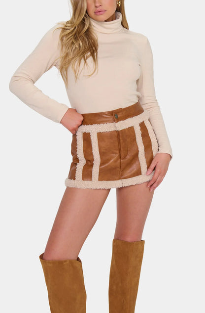 Laurel Canyon Skort in Cognac Faux Leather with Sherpa