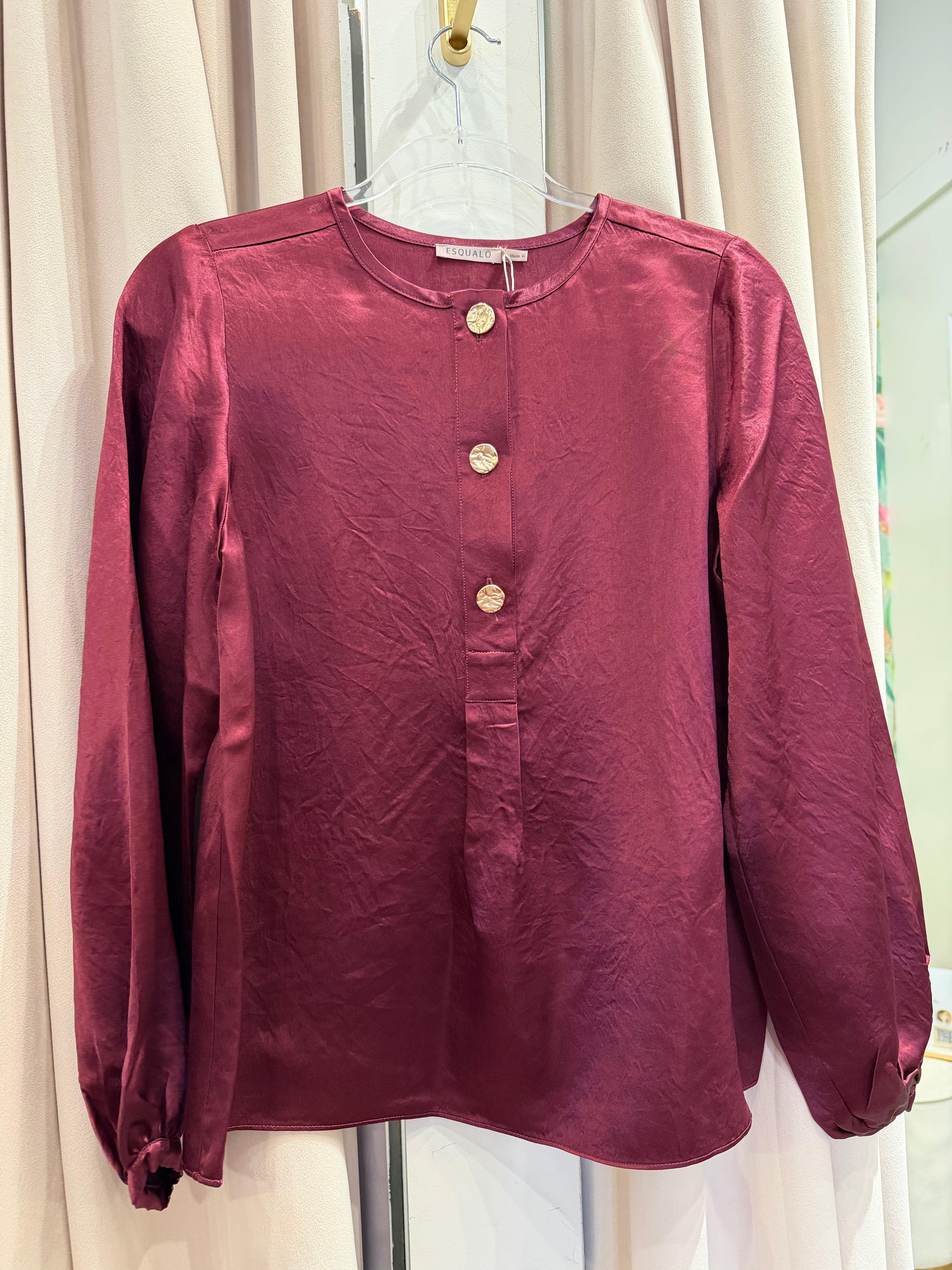 Balloon Sleeve Acetate Blouse in Merlot