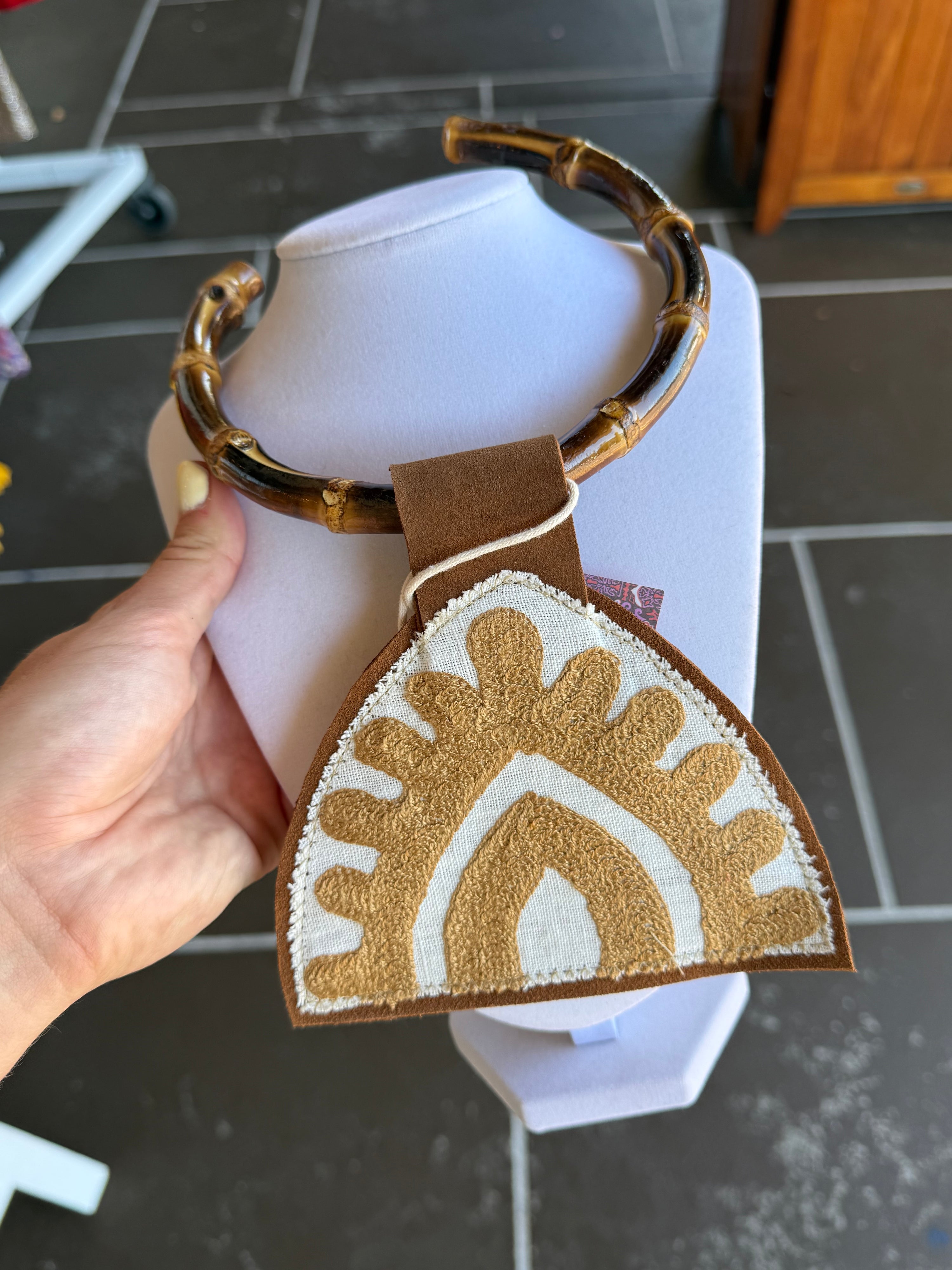 Pendant Kilim in Neutral with Bamboo Necklace