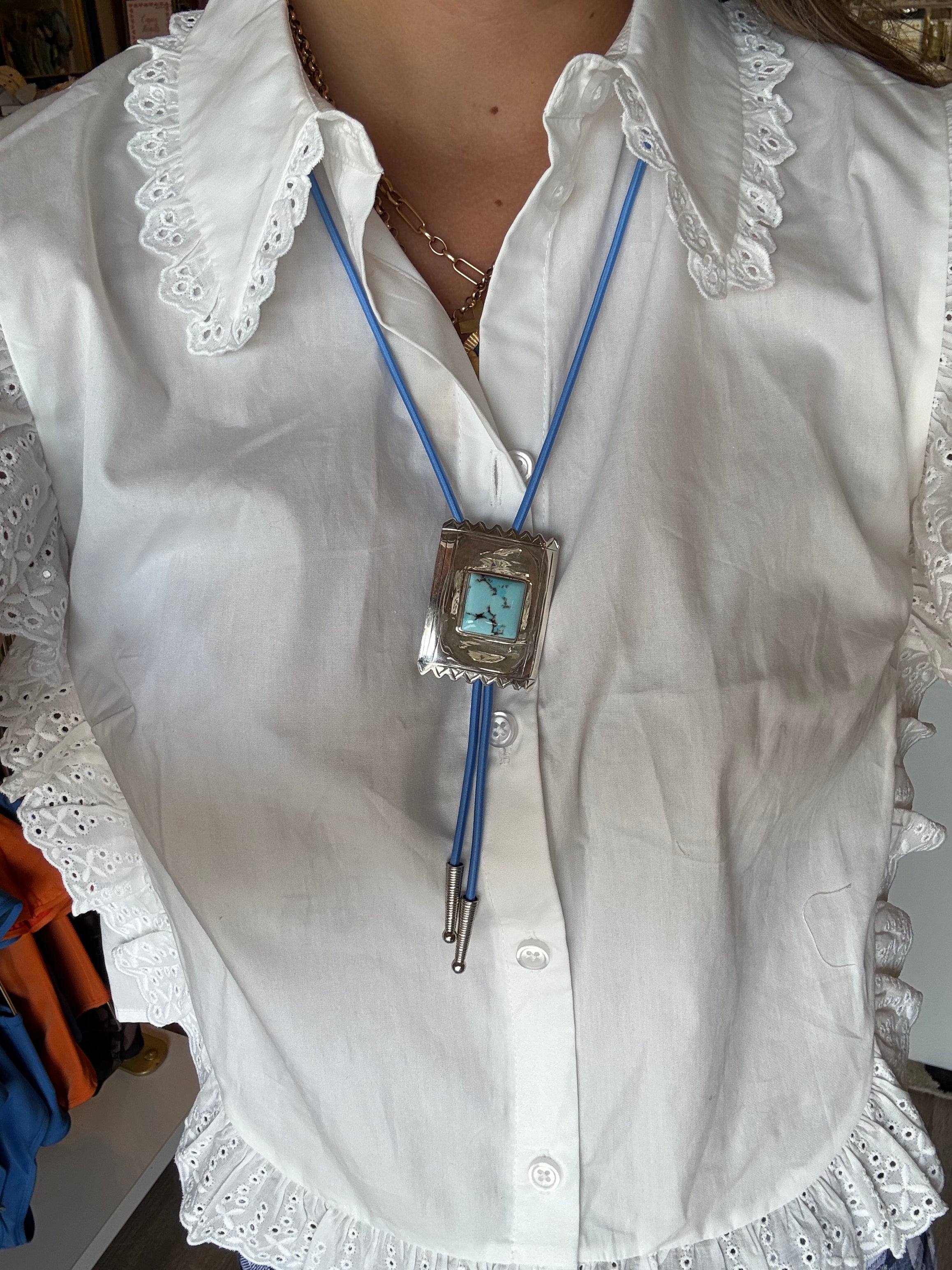 Cornflower Blue Bolo Tie with Rectangle Pendant and Turquoise Square