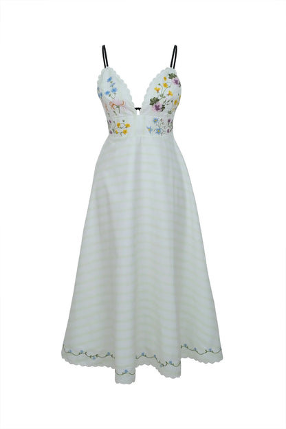 Nur Dress in White - Green Stripe
