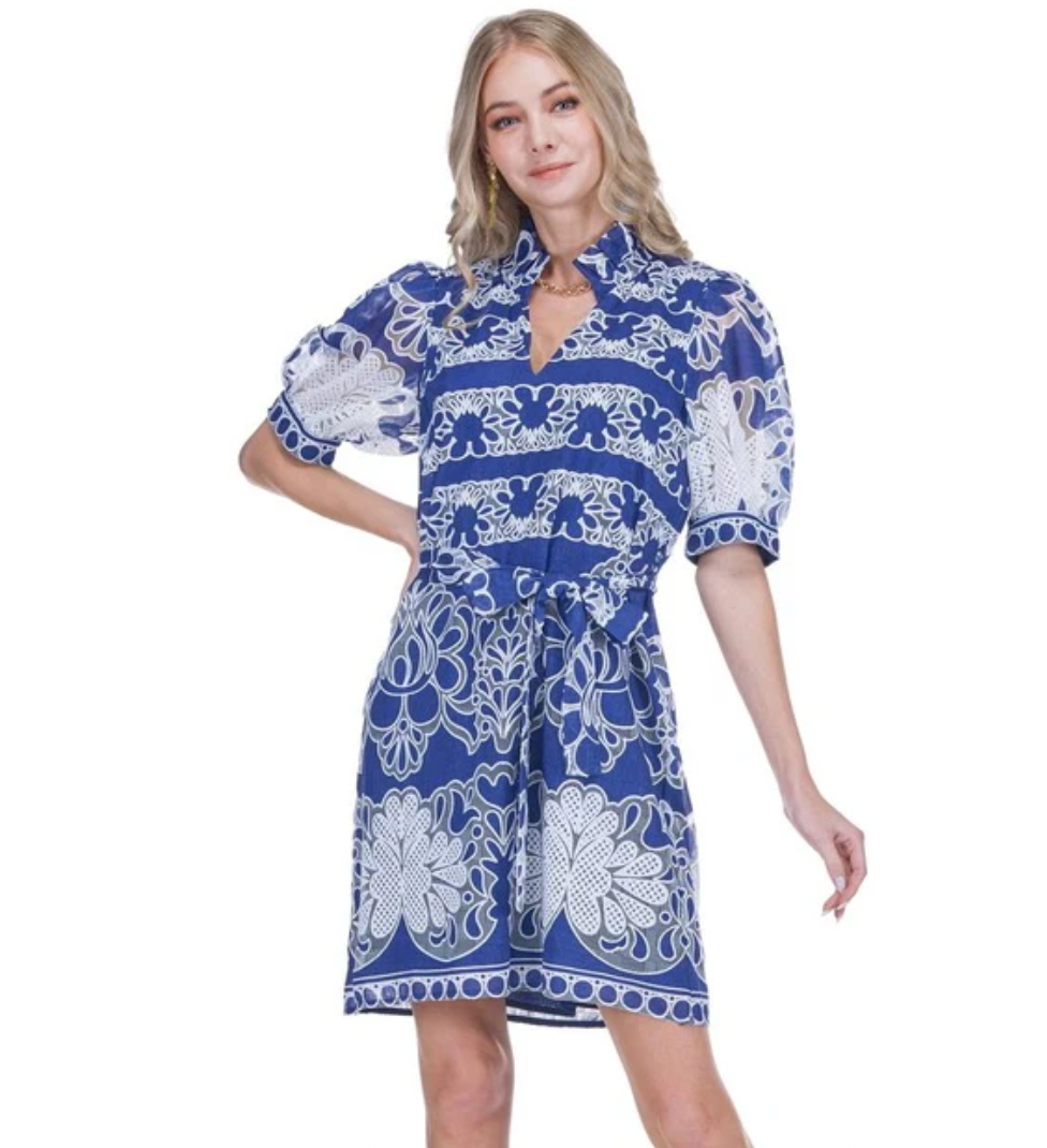 Collar Chemise Dress in Navy Petal Lace