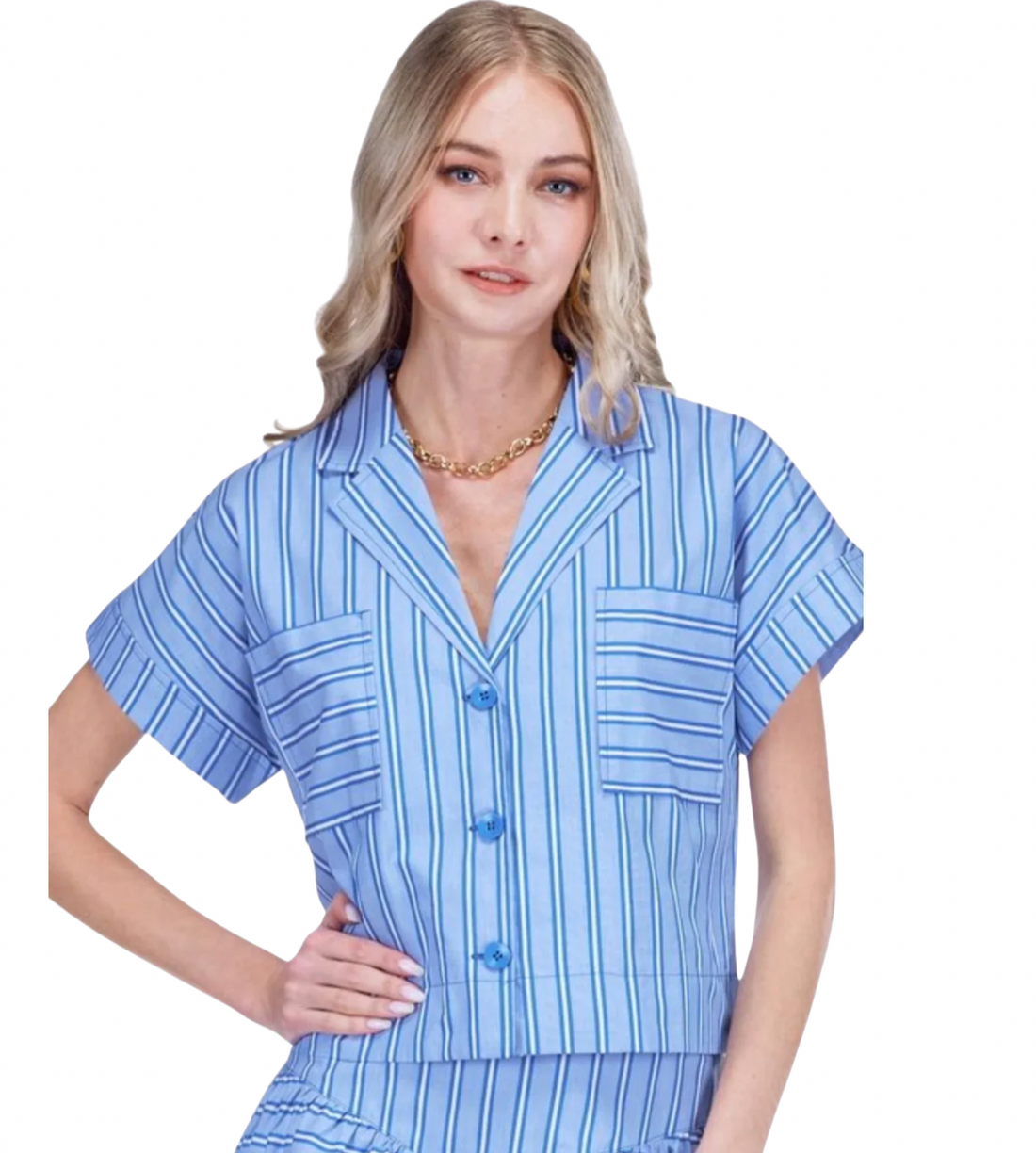 Pocket Crop Blouse in Blue Stripe