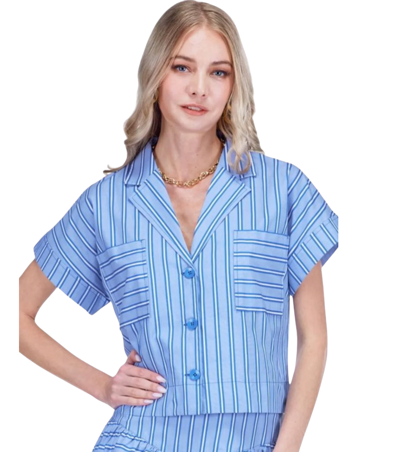 Pocket Crop Blouse in Blue Stripe