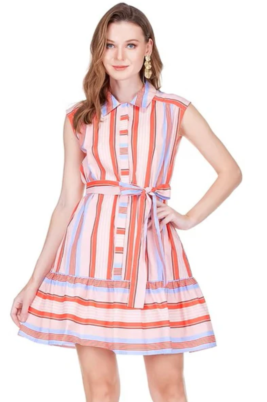 Sleeveless Shirt Dress in Red Stripe