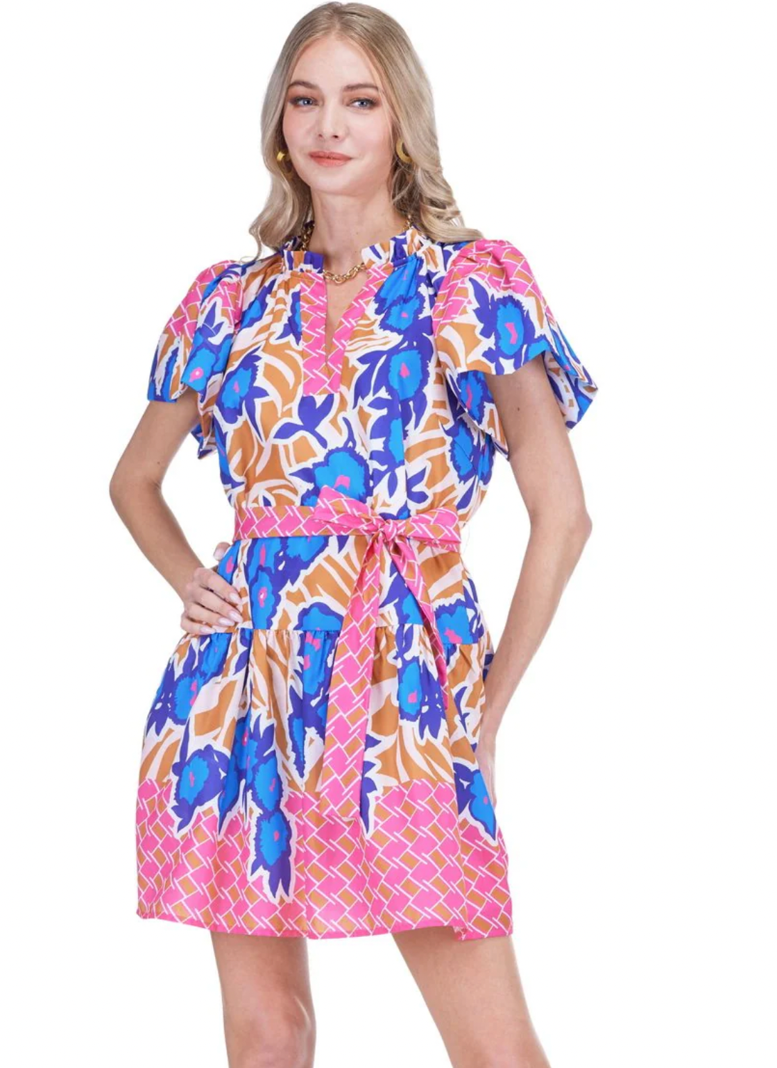 Stitch Trim Flutter Sleeve Dress in Savannah Bloom