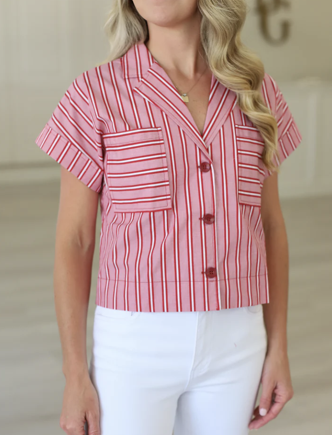 Pocket Crop Blouse in Red Stripe