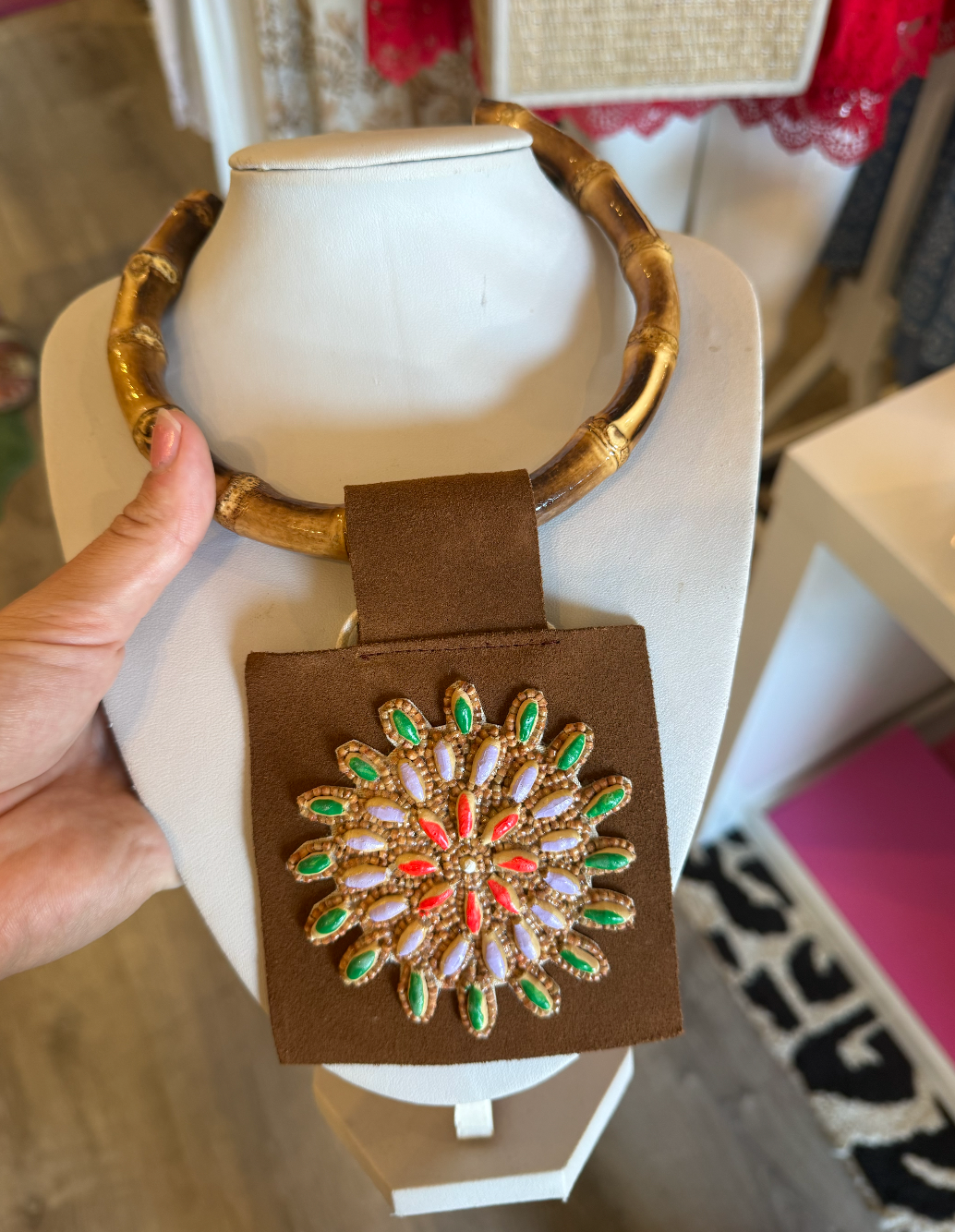 Painted Palm Wooded Bead Pendant on Bamboo Necklace
