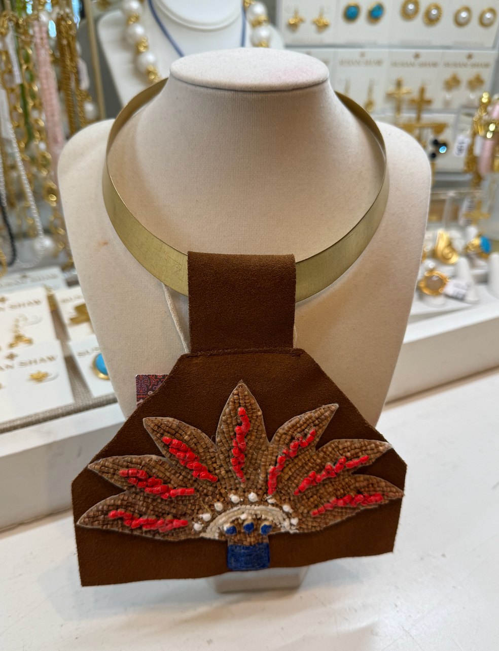 Painted Palm Wooded Bead Pendant on Bamboo Necklace