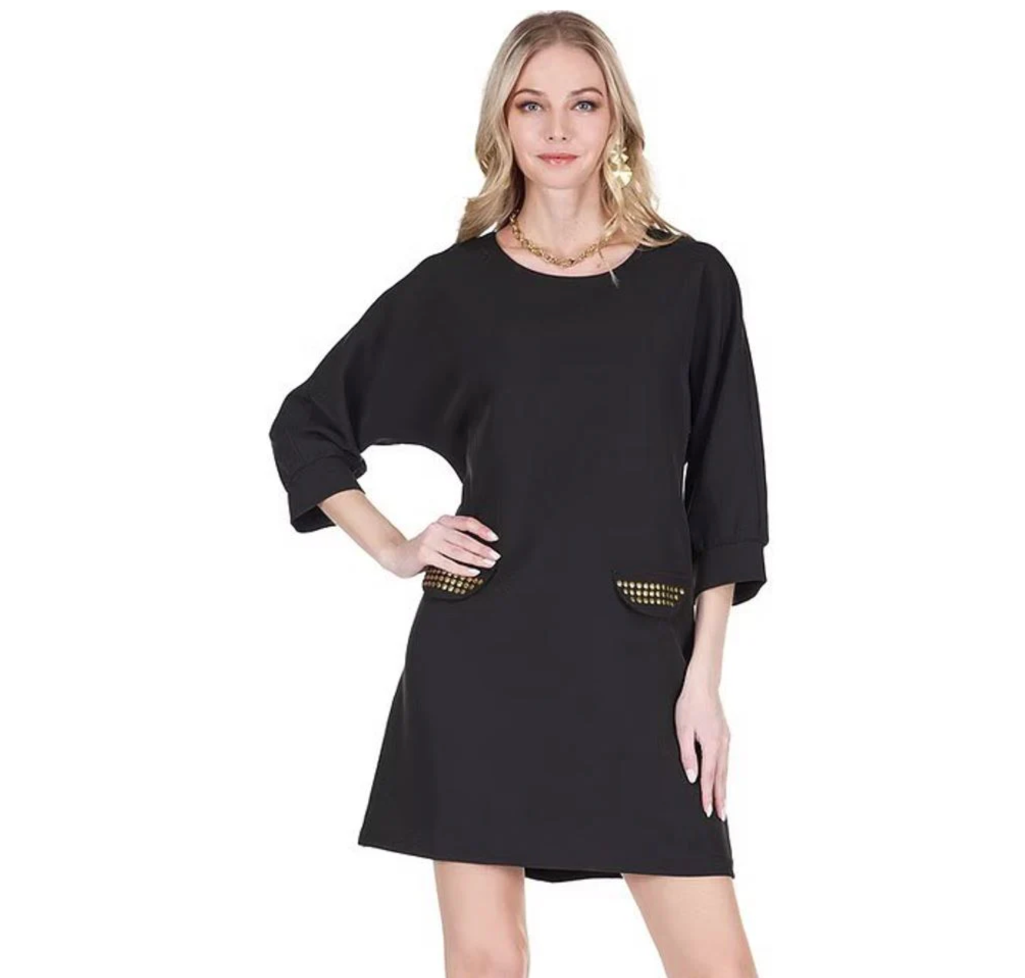 Gold Stud Kimono Dress in Black