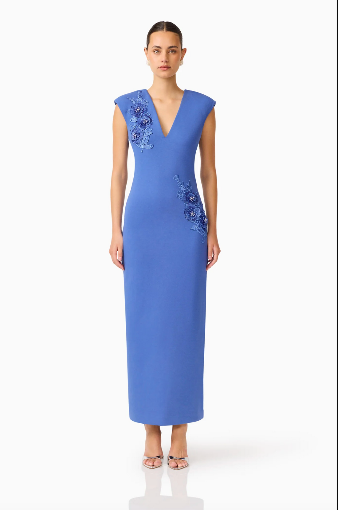 Talitha Plunging Neckline Column Dress in Cornflower