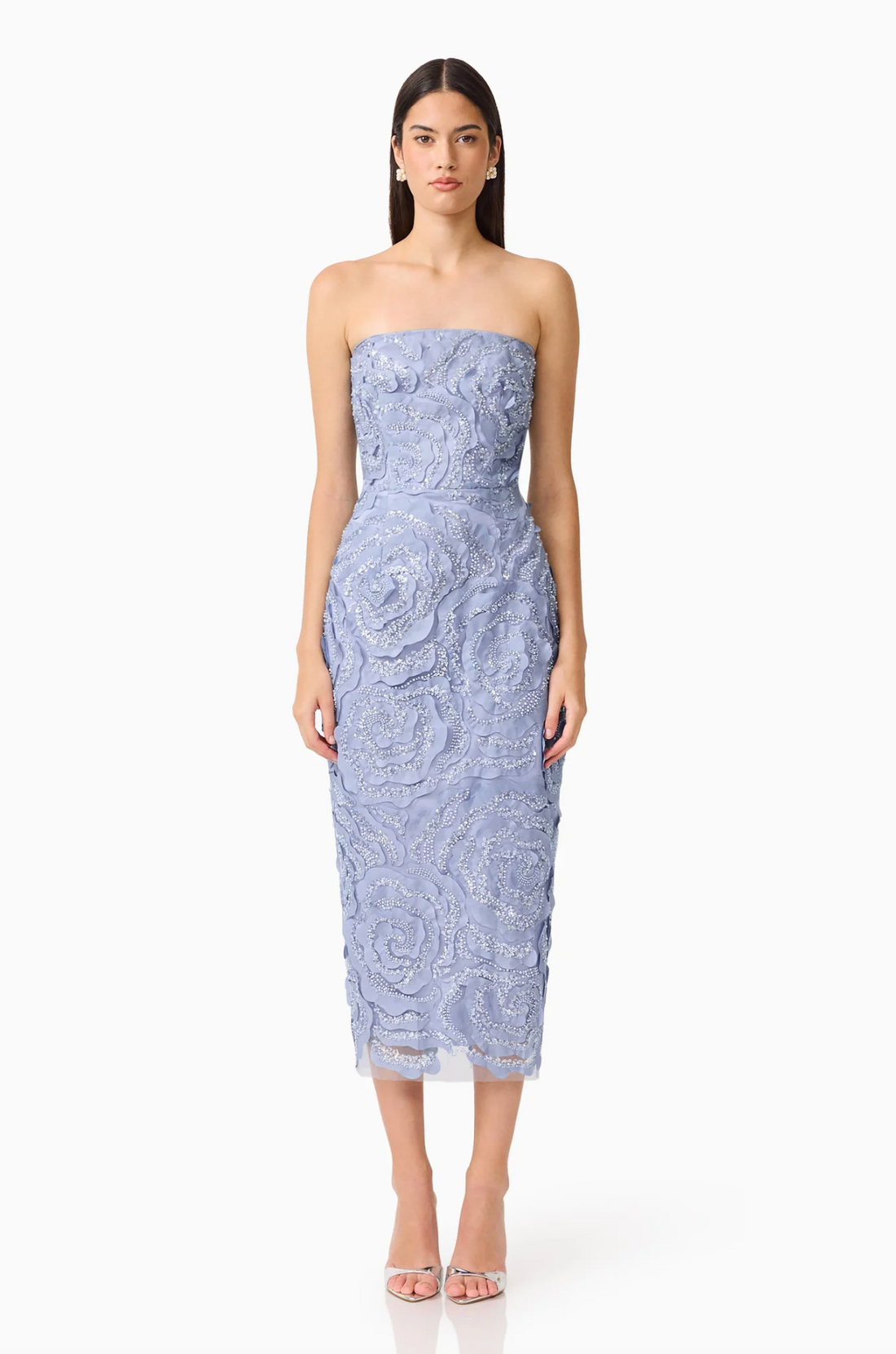 Elisa Strapless Midi Dress in Steel Blue