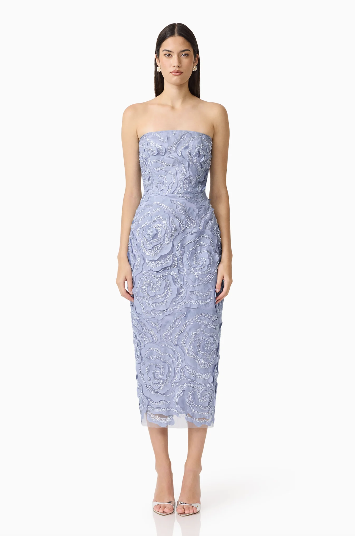Elisa Strapless Midi Dress in Steel Blue