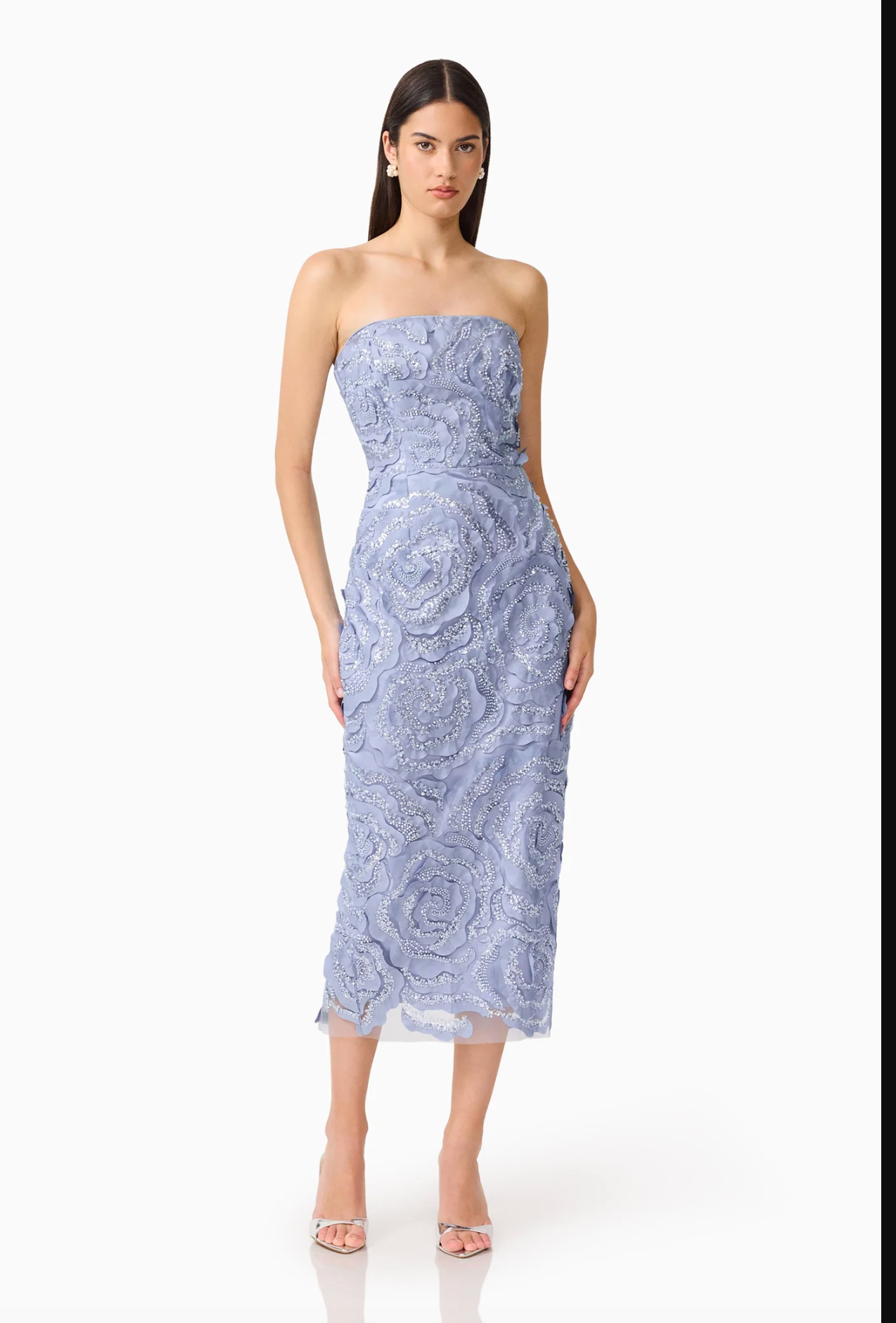 Elisa Strapless Midi Dress in Steel Blue
