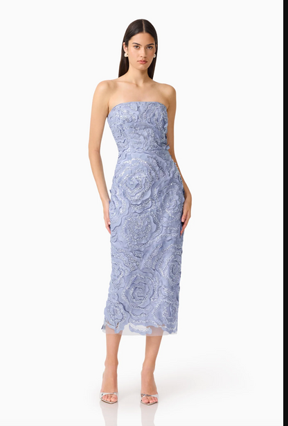 Elisa Strapless Midi Dress in Steel Blue