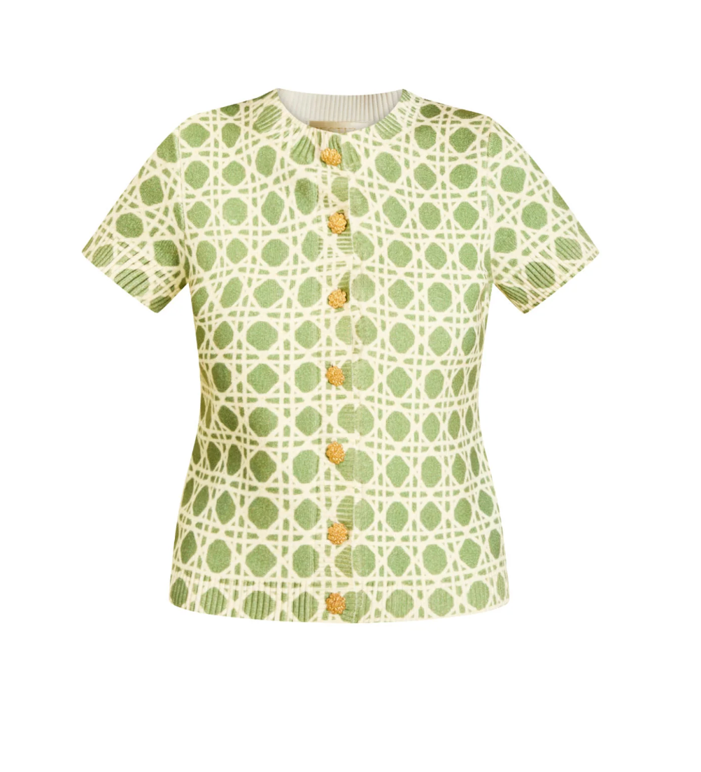 Isabel Short Sleeve Cardigan in Evergreen Lattice