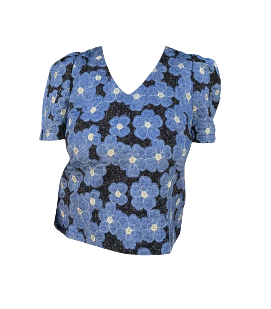 V-Neck Puff Sleeve Top in Denim Petal