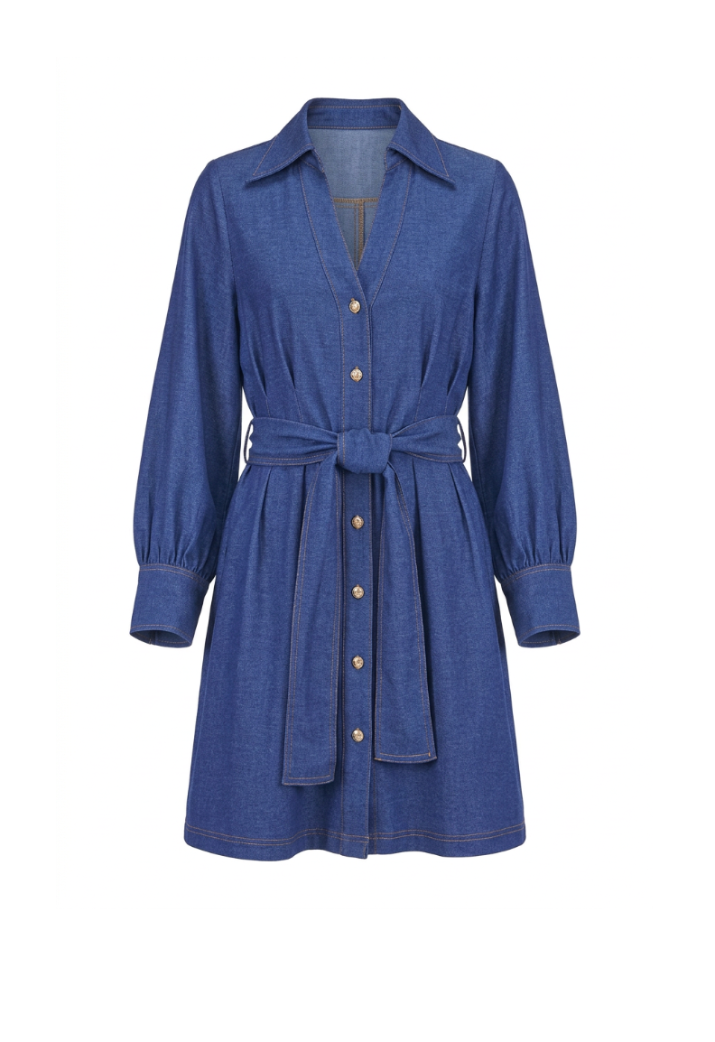 Collar Waist Pleated Shirtdress in Denim