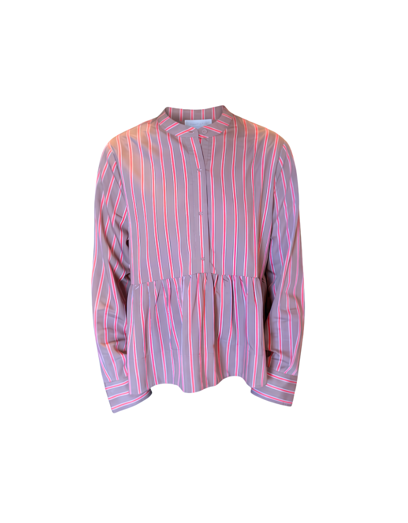 Flounced Hem Shirt in Brown Stripe