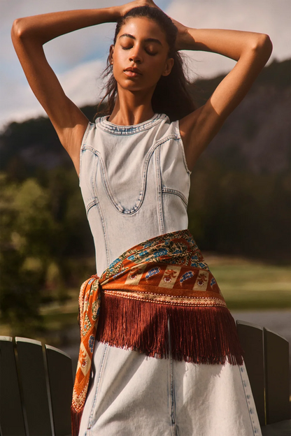 Oversized Scarf with Fringe in Amber Glen Brown - ONE SIZE