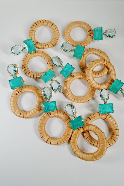 Turquoise Rattan Circle Drop Statement Earrings