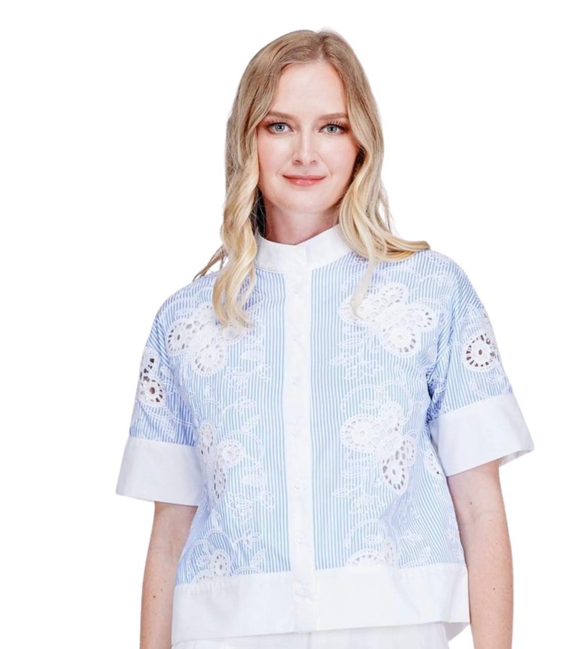 Jade Stand Collar Shirt in Butterfly Emb