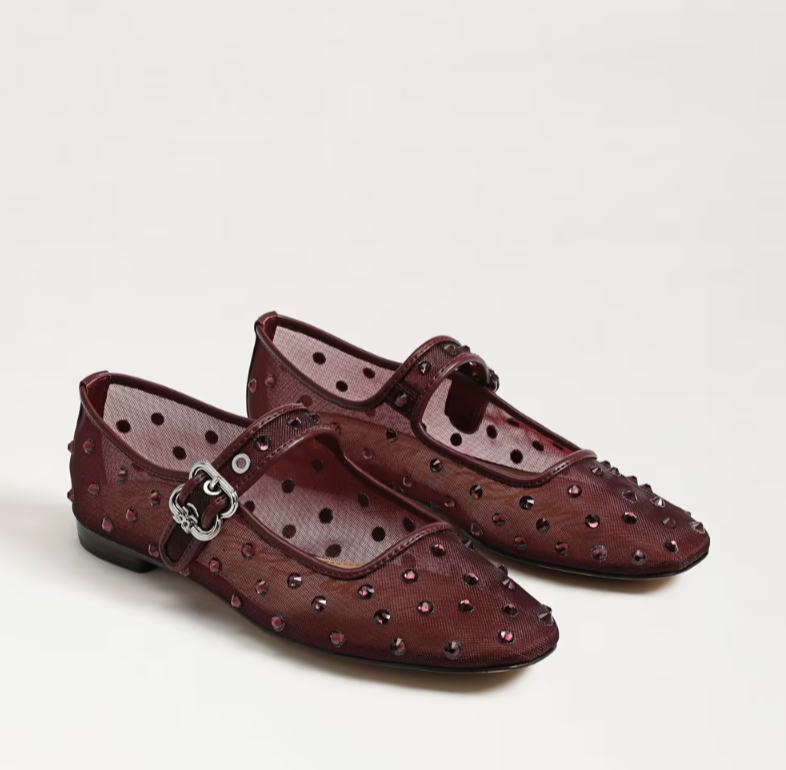 Michaela Shine Mary Jane Flat in French Merlot Mesh Fabric