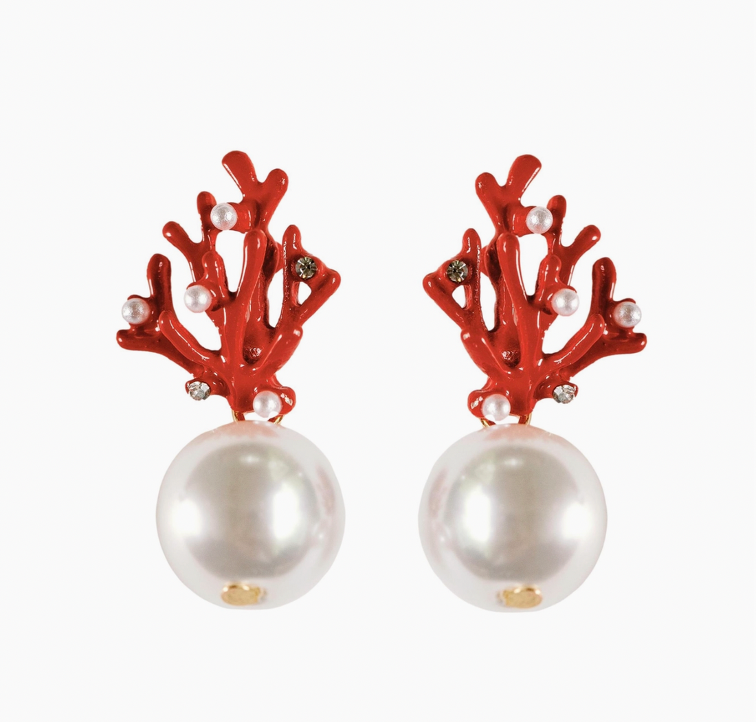 Pearl and Red Coral Mini Earrings