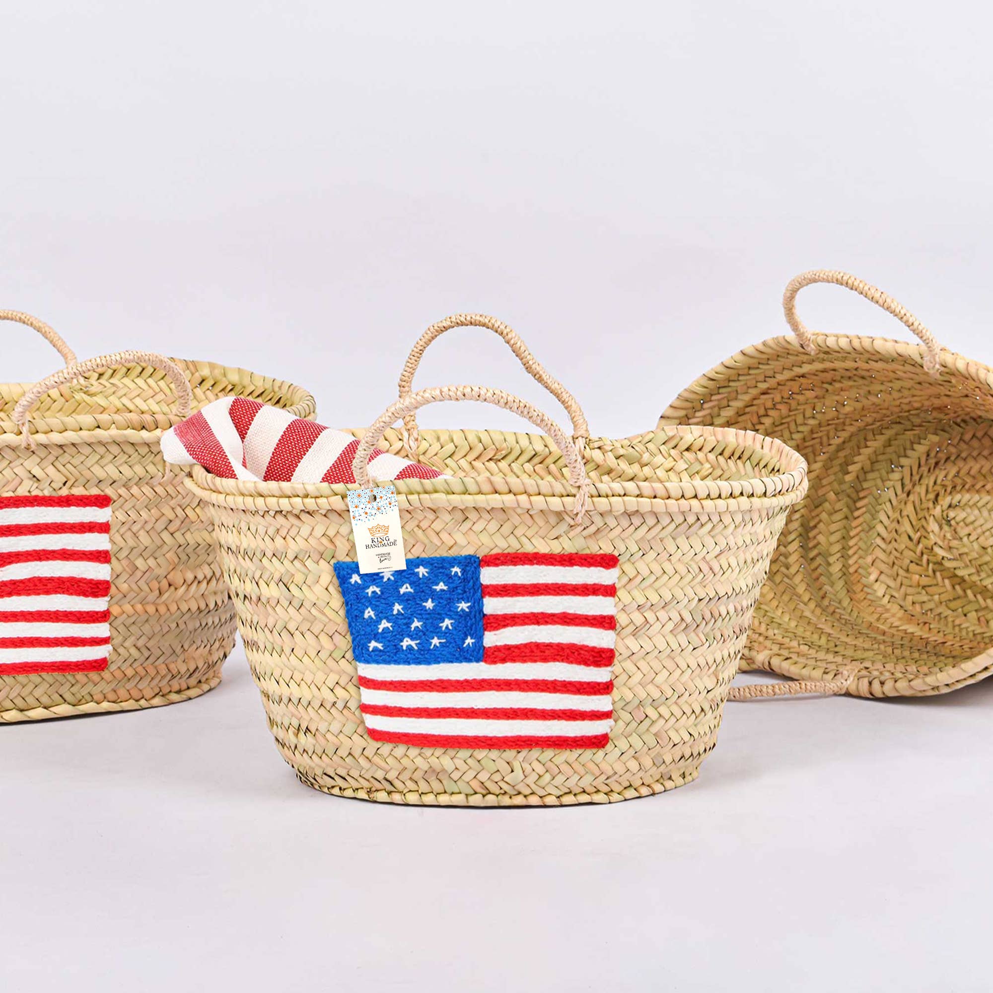 Handcrafted Woven Straw Bag with US Flag - Patriotic Tote