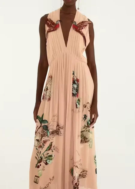 Bird Poetry Pink Hummingbird Sleeveless Maxi Dress