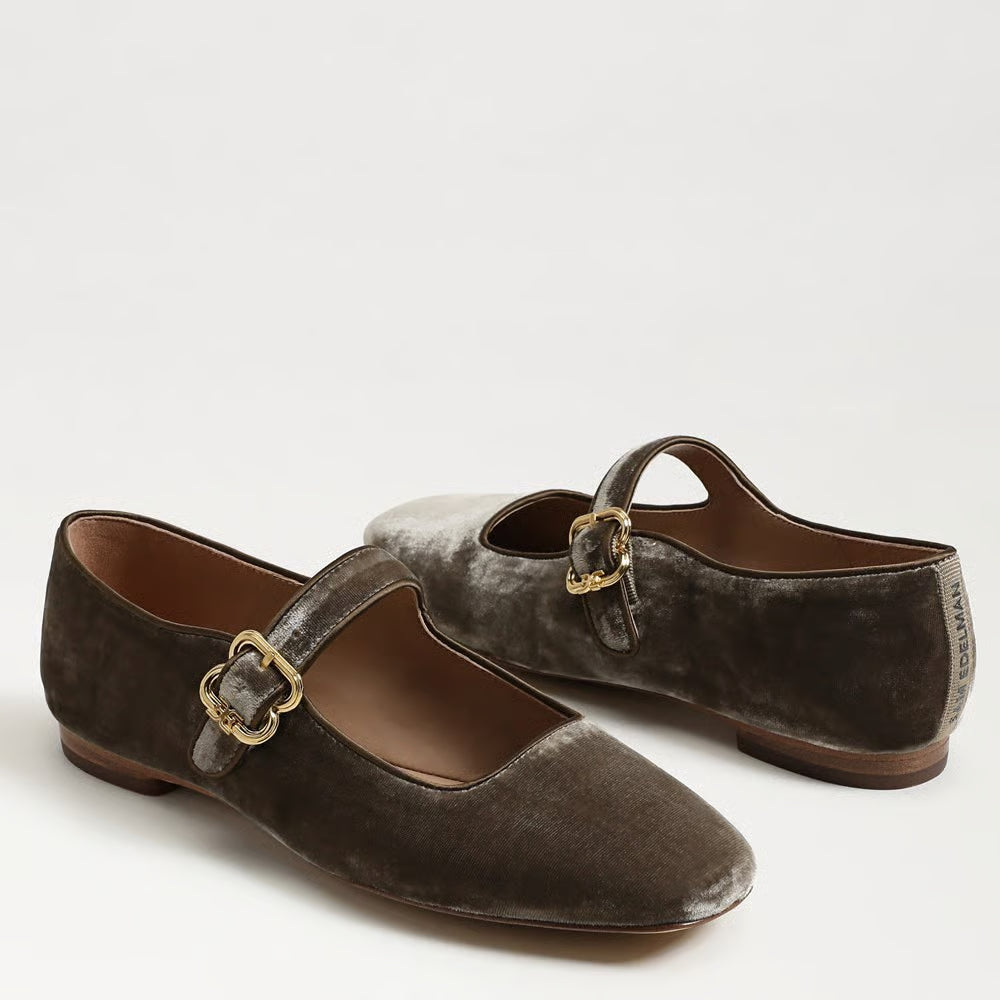 Michaela Mary Jane Flat in Dark Silver Sage Velvet