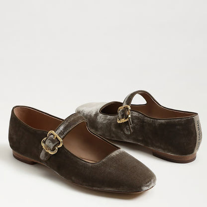 Michaela Mary Jane Flat in Dark Silver Sage Velvet