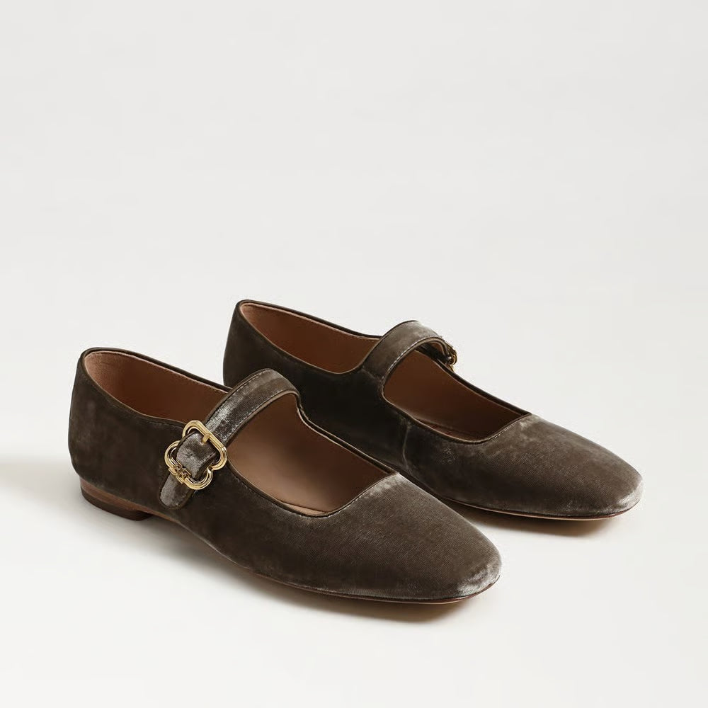 Michaela Mary Jane Flat in Dark Silver Sage Velvet