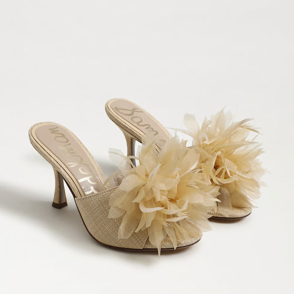 Jace Heel Sandal in Light Almond Satin Fabric