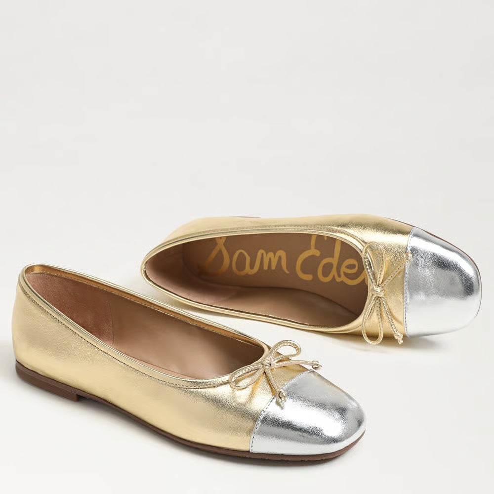 Alie Cap Toe Ballet Flat in Amber Gold/ Soft Silver Leather