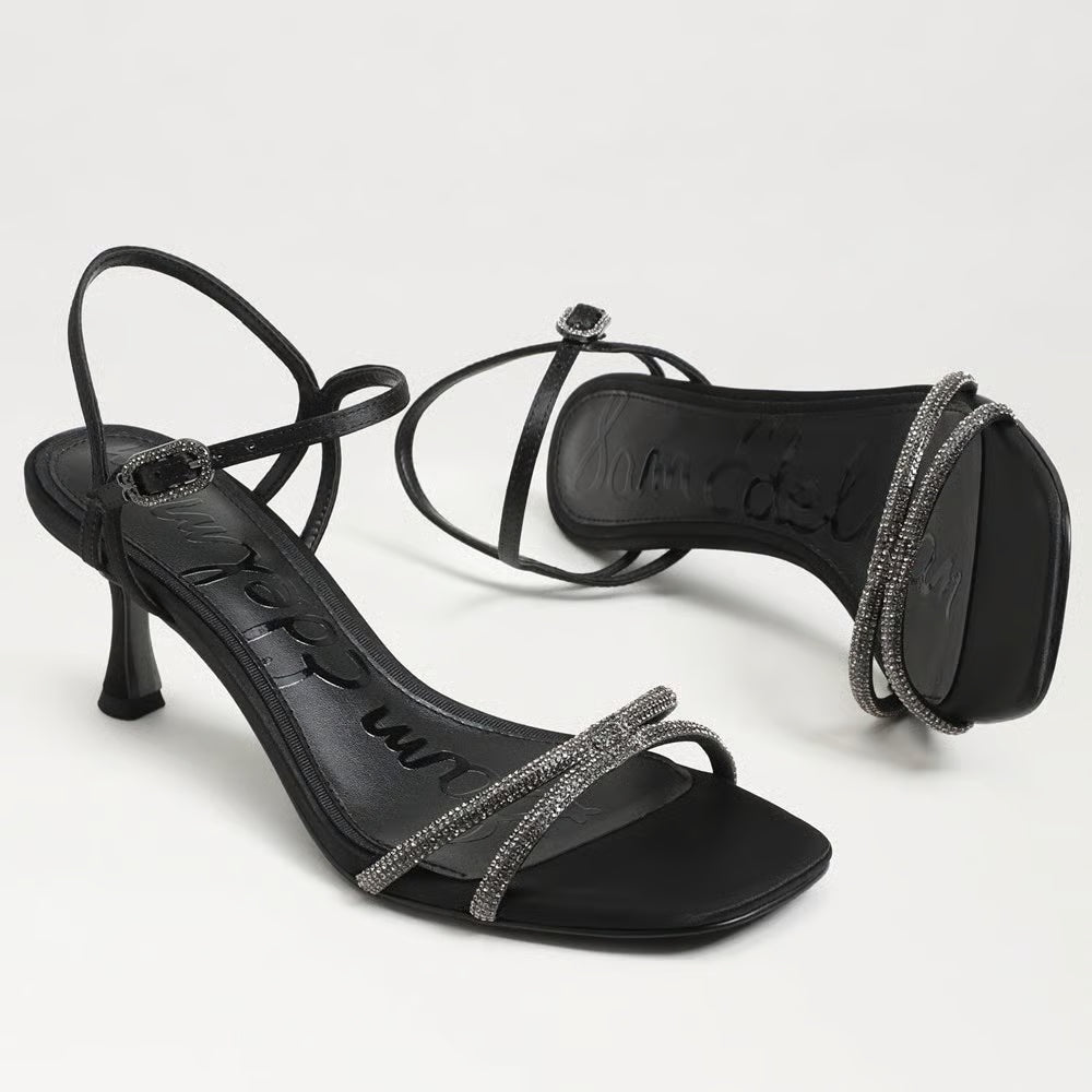 Presley Glam Kitten Heel Sandal in Black Satin Fabric