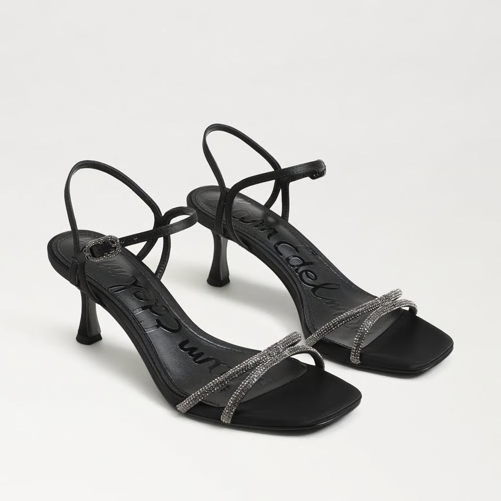 Presley Glam Kitten Heel Sandal in Black Satin Fabric