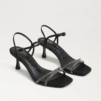Presley Glam Kitten Heel Sandal in Black Satin Fabric