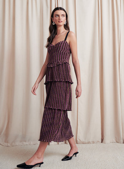Darina Rainbow Metallic Pleat Midi Dress